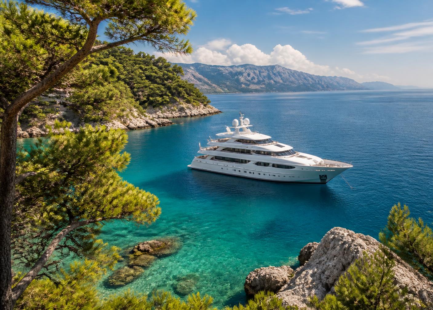 A yacht anchored in a turquoise bay on the Croatian coast